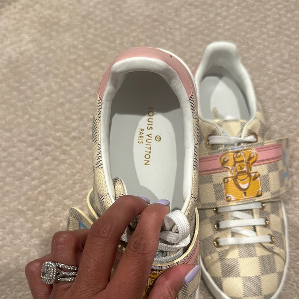 Louis Vuitton Women Checkered Sneakers - Pink and Gold Accents - Picture 2 of 6